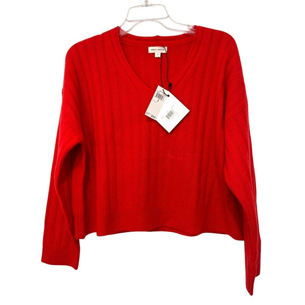 Spring + Mercer Red V-Neck Ribbed Cashmere Sweater M